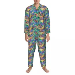 Men's Sleepwear Colourful Forest Print Pyjama Sets Abstract Animal Cute Soft Male Long Sleeve Casual Loose Daily Nightwear Plus Size