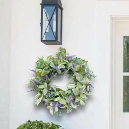 Decorative Flowers 40cm Artificial Lavender Eucalyptus Wreath Realistic Fall Winter For