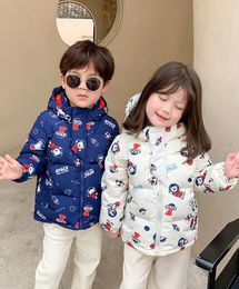 Down Coat 2024 Winter Kids Warm Clothes Boys Girls Cartoon Print Hooded Children Pure Cotton Parka Outerwear Thick Long Jacket