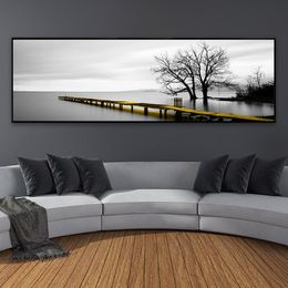 Calm Lake Surface Long Yellow Bridge Scene Black White Canvas Paintings Poster Prints Wall Art Pictures Living Room Home Decor342e