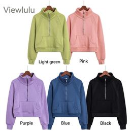 Viewlulu Hatless Half Zipper Scuba Plush Sweater Coat Fleece hoodie Yoga Outdoor Sport jacket