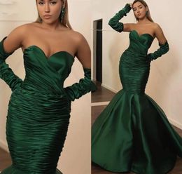 Dubai Arabic Elegant Dark Green Mermaid Prom Dresses Sweetheart Satin Pleats Separate Long Sleeves Floor Length Formal Evening Par3195271