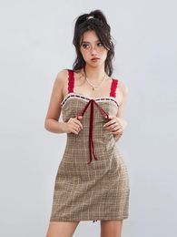 Casual Dresses Women S Summer Tank Dress Vintage Sleeveless Tie-up Front Plaid Print Slim Fit Mini Aesthetic Clothes