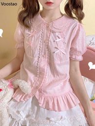 Women's Blouses Shirts Sweet Lolita Blouses Girly Japanese Kaii Bow Lace Peter Pan Collar Puff Sle JK Shirts Women Cute ss Tops Blusas jerL24312