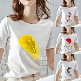 Women's T-Shirt O Neck White Top Women 2022 Summer Casual T Shirt Basic Feather Pattern Series Print Short Sle Tops Ladies Graphic Clothes L24312 L24312