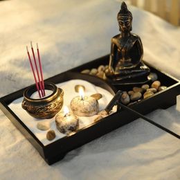 AUGKUN Buddha Statue Zen Garden Sand Meditation Peaceful Relax Decoration Set Spiritual Buddha Incense Burner Feng Shui Decor Y200268h