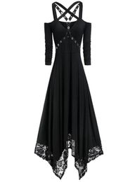 Casual Dresses Gothic Dress Women Black Goth Off Shoulder Lace Patchwork Punk Rock Strap Plus Size Sexy Vintage Midi8567423