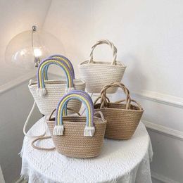 Beach Bags Summer Cute Rainbow Cloud Handheld Bag Handmade Cotton Thread Woven Beach Vacation Leisure Grass