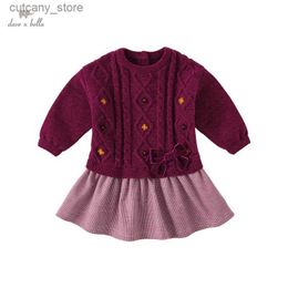 Girl's Dresses Dave Bella Autumn Baby Dresses For Girl Fashion Knitted Dresses Rose Patchwork Dress Children Clothes DB4223924 L240311