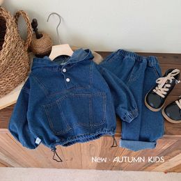 Childrens Cowboy Set 18M-8Y Boys and Girls Spring and Autumn Hoodie Baby Solid Color Jeans Two Piece Set 240226