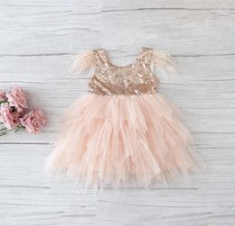 Retail Feather Sequins Tiered Girls Dress Fluffy Tulle Party Kids Princess Dresses for Girls Baby Clothes 210Y E138461600578