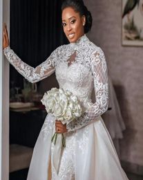 Elegant Muslim Wedding Dresses with Detachable Train Bridal Gowns Plus Size Lace Applique Long Sleeve vestido de novia6886212