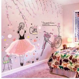 SHIJUEHEZI Cartoon Girl Wall Stickers PVC Material DIY Peach Flowers Bicycle Wall Decal for Kids Rooms Baby Bedroom Decoration229q