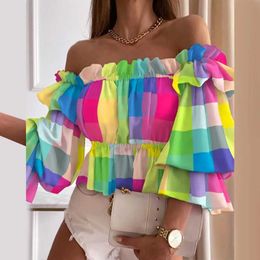 Women's Blouses Shirts Off Shoulder Summer Ladies lti-layer Top Colourful Pleated Autumn Blouse Fashion Women Ruffles Long Sle Shirt for BeachL24312