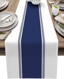 Table Cloth Navy Blue Stripes Linen Runners Dresser Scarves Decor Washable Kitchen Dining Holiday Party Decoration