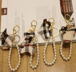 New handmade plaid bear keychain pendant fabric love pearl bag hanging Jewellery wrist rope4093564