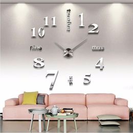 Large Wall Clock 3D Modern Design Silent Big Digital Acrylic Mirror Self adhesive Wall Clock Sticker for Living Room Decoration300B