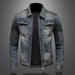 Mens Retro Classic Denim Jacket Autumn Street Trend Handsome Riding Windproof Mens Clothing High Street Casual Lapel Jacket 240304