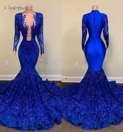 Sparkle Long Sleeve Prom Dresses Sexy Mermaid Sheer Neckline Royal Blue African Black Girls Prom Gala Gowns Evening Wears5225167