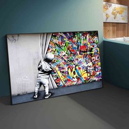 Street Banksy Graffiti Behind The Curtain Canvas Paintings Cuadros Wall Art Pictures for Home Decor No Frame213S