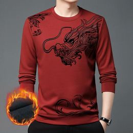 2024 New Chinese Loong Red New Year China-Chic Men's Sweaters Plush Thickened Winter Round Neck Plush