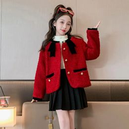 Fashion Childrens Autumn Winter Kids Girls Short Jackets Red Long Sleeves Casual Temperament Coats Thicken Tweed Outwear Tops 240227