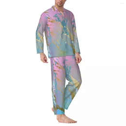 Men's Sleepwear Watercolour Pyjama Sets Spring Pastel Marble Print Trendy Home Male Two Piece Casual Oversize Pattern Nightwear