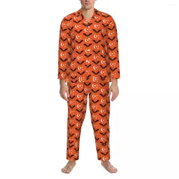 Men's Sleepwear Halloween Spring Orange Black Bats Casual Loose Oversize Pyjama Sets Man Long Sleeves Comfortable Room Nightwear