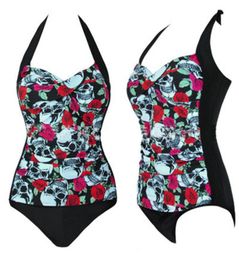 Sexy Women Strappy One Piece Swimsuit Skull Print Halter Backless Beachwear High Waist Swimwear Plus Size Summer Clothing M4XL1816634