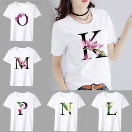 Women's T-Shirt Letter Combination Fashion Women T-shirt Flower Colour Letter Font A B C D E F G Short Sle Tops White T-shirt Clothing Tops L24312 L24312