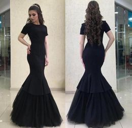 Arabic Black Short Sleeve Mermaid Evening Dresses ONeck Long Evening Party Gowns Tulle Skirt African Prom Dresses1962342