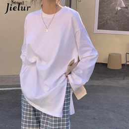 Women's T-Shirt Jielur Harajuku Top Loose White Basic T-shirt Women Autumn Split T-shirts Casual Long Sle Solid Colour Fe Tee Shirts S-L L24312