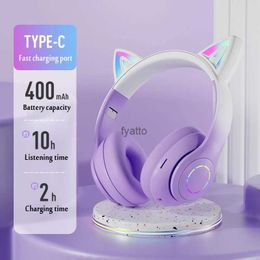 Cell Phone Earphones Cat Ear Headphone Bluetooth Wireless Music Headset Gradient Color LED Light with Gamer Earphone Kids Lovely Christmas GiftsH240312