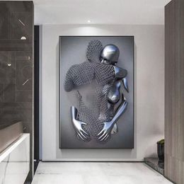 Paintings Couples Metal Figure Statue Canvas Painting Nordic Love Kiss Poster And Prints Sexy Body Wall Art Pictures For Living Ro299Q