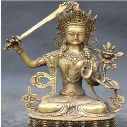 WBY---607 9 Chinese Buddhism Bronze Carving Manjushri Buddha Goddess Hold Sword Statue224S