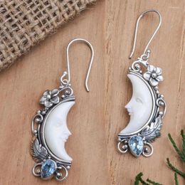 Dangle Earrings Exquisite Moonlight Flower Leaves Blue Shiny Zircon Vintage Elegant Style Alloy Silver Plated Jewelry Female Gift
