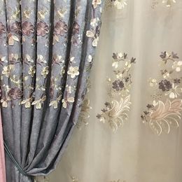 European Blue And Grey Blackout Curtains Chenille Flower Embossed For Living Room Bedroom Study Tulle Custom Curtain & Drapes2045