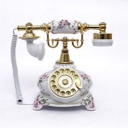 Ceramic Antique Telephone with Vintage Style and White Emboss Rose Desk Phone for Living Room Decor3136