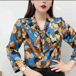 Women's Blouses Shirts Women Spring Summer Style Chiffon Blouses Shirts Lady Casual Half Sle Bow Tie Collar Printed Blouses TopsL24312