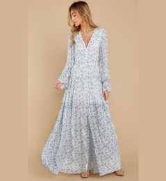 Casual Dresses Bohemian Chiffon Floral Dress Fashion Sexy Deep V Neck Long Sleeve Maxi Woman Blue Boho Shirt Beach Plus Size Skirt8919461