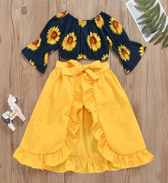 kids Clothing Sets girls sunflower outfits children Flared sleeves Topsruffle skirtsshorts 3pcsset Spring Autumn summer fashion6765030