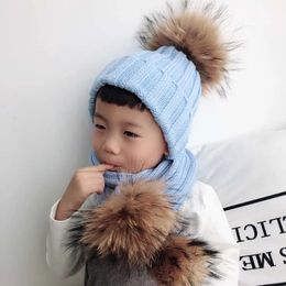 Kids Winter Hat Scarf Set Baby Warm Knitted Beanie Boys Girls Real Fur Pompom For Children Cap Skullies Beanies 240227