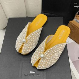 Slippers Beaded Women Flats Dress Mules Shoes 2024 Designer Summer Luxury Slingback Sandals Brand Beach Flip Flops Mujer Slides