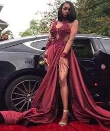 2019 Black Girls Long Sleeve Prom Dresses Burgundy Sexy Side Split A Line Lace Appliques Formal Evening Occasion Party Dresses Cus6221534