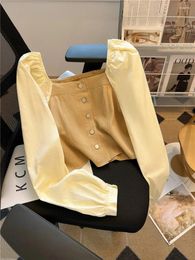 Women's Blouses GkyocQ French Square Neck Puff Sleeve Short Shirt Blouse 2024 Autumn Small Design Sense Retro Colour Collision