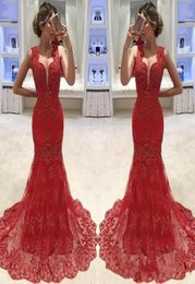 New Arrival Mermaid Red Prom Dresses Sexy Deep V Neck Full Lace Appliques Beaded Formal Long Evening Party Gowns3135433