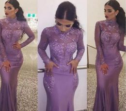 Purple High Neck Mermaid Dresses Evening Wear Lace Appliques Illusion Beaded Sheath Tshirt Long sleeves Floor Length Formal Prom 9075840