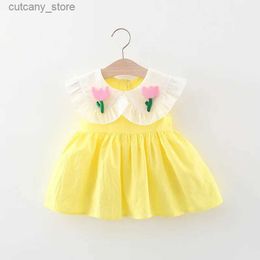 Girl's Dresses Summer girls dress baby girl with lace and large lapel two three-dimensional tulip solid Colour sleeveless dress L240311