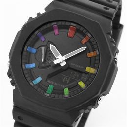 Men's Rainbow Black Face Digital Quartz 2100 Watch Full Featured LED Auto Hand Raising Light Waterproof GA Oak Series