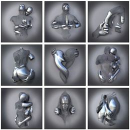 Silver Metal Figure Statue Wall Art Canvas Painting Romantic Lover Sculpture Poster Picture for Living Room Home Decor Print No F240y